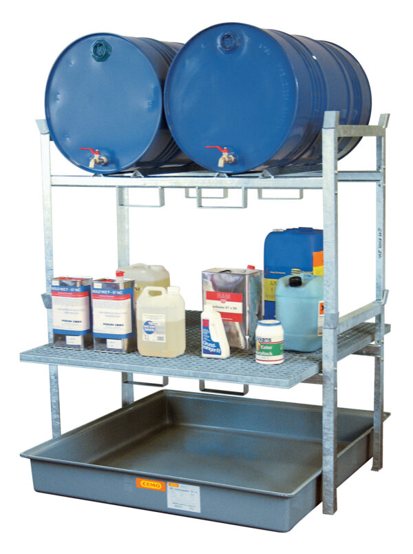 Rayonnage 800 pour 2 fûts de 220 litres et caillebotis pour petits récipients